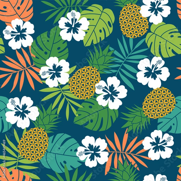Obraz Hibiscus, pineapple and tropical leaf seamless pattern background