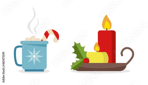 Obraz Set of Christmas decor. Candles on a stand with mistletoe, mug of cocoa with marshmallow and lollipop. Cute stickers. Flat cartoon style vector illustration.