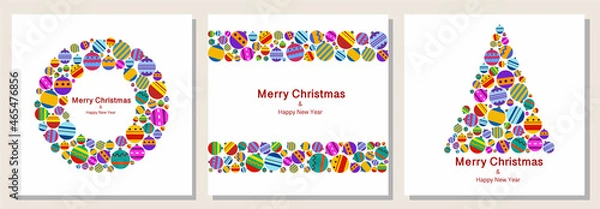 Fototapeta a set of square postcards from Christmas tree toys. The shape of the Christmas tree, rings and stripes on a white background.
