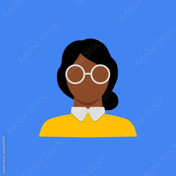 Obraz Female character Vector portrait. Profile picture. Woman face material design. Default faceless avatar. Unknown girl. Anonymous identity. Spectacle wearing lady upper body pose. Flat color design.