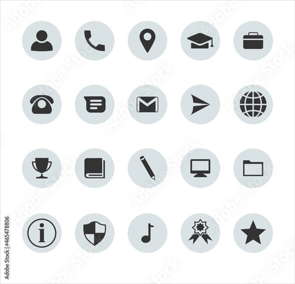 Obraz Resume icons pack. Contacts icon set. CV bullets. Career profile signs. Phone address email education achievement skills degree extracurricular. Vector illustration.