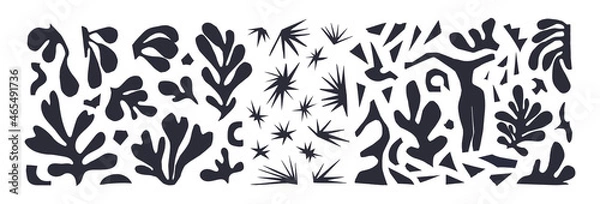 Obraz Zestaw abstrakcyjnych roślin i różnych kształtów inspirowanych Matisse. Ilustracja wektorowa Czarna na wycięciach białego papieru na niebieskim tle. Postać żeńska, gwiazdy, skrawki glonów papieru.