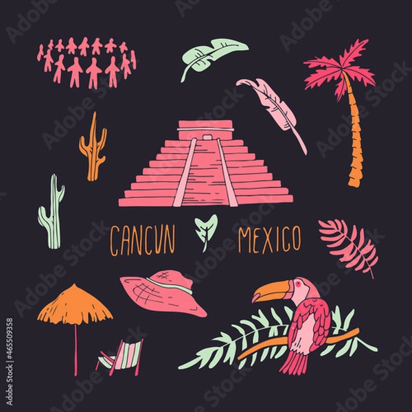 Obraz Modern style Cancun city illustration. Cancun cartoon doodle illustration. Cancun doodle drawing. Hand sketched poster, banner, postcard, card template for travel company, T-shirt, shirt. Vector EPS