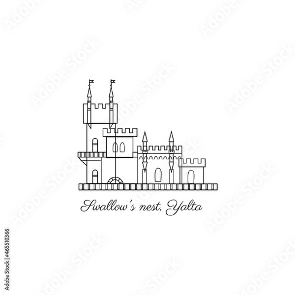 Fototapeta Vector landmark of Crimea, Swallow's nest, Yalta, decorative european architecture isolated on white, travel icon palace, flat building, hand drawn sight attraction, line art sign for design web map