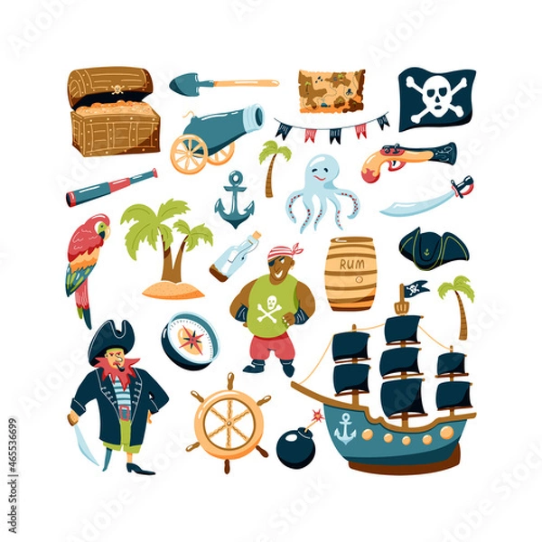 Fototapeta Pirate set of hand drawn elements. Bundle vector design elements for kids' design. Cartoon doodle illustration with characters