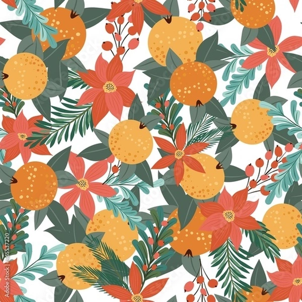 Fototapeta Flowers, leaves, berries, fir branches and oranges. New Years design of fabric, packaging, gift paper. Seamless pattern.