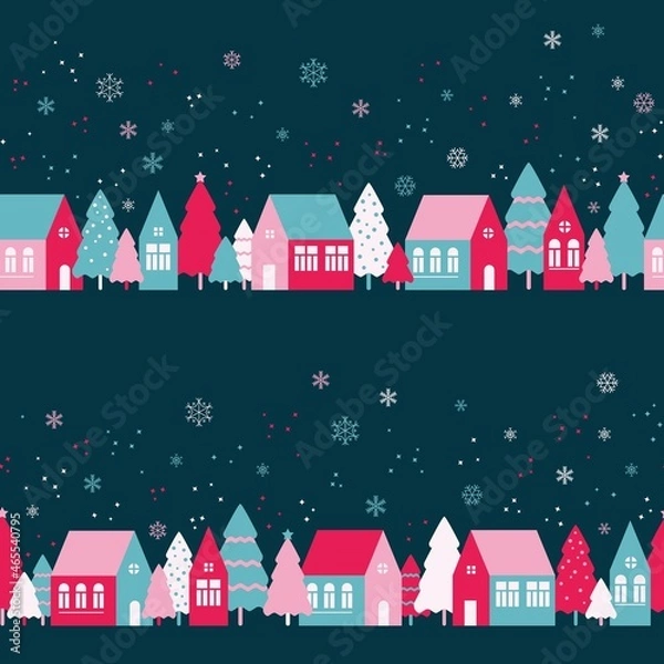 Fototapeta Seamless pattern with cute houses in snowy forest. Simple scandinavian style background with christmass mood for web, print, background, wallpaper, scrapbooking, wrapping paper, textile 