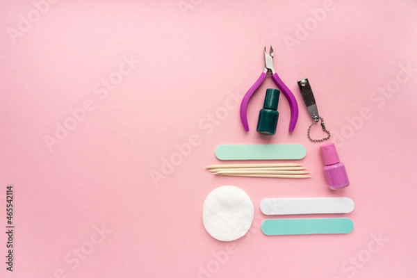 Fototapeta Christmas tree made of manicure and pedicure items on pink background, space for text