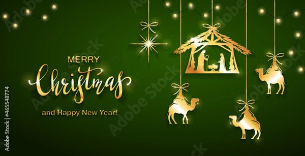 Obraz Christian Christmas Elements on Green Background