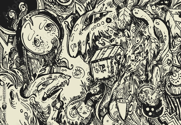 Fototapeta Hand drawn doodle illustration. Vector art with ghosts and monsters. Good background for your design. 
