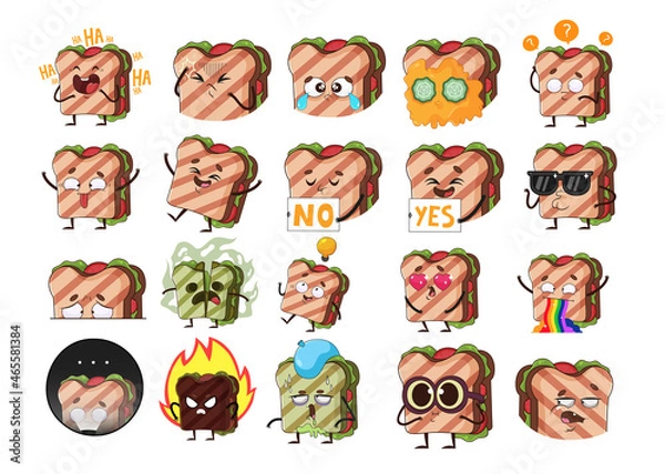 Fototapeta Funny sandwich cartoon character sticker set. Collection of vector illustrations with different emotions of cute and happy drawn sandwich isolated on white background. Food, emotions concept