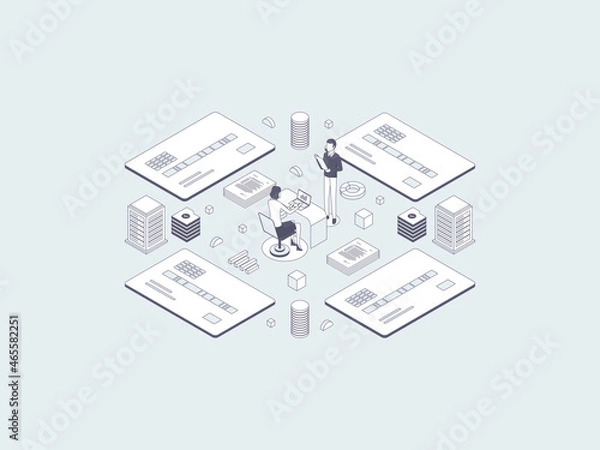 Fototapeta Credit Card System Isometric Illustration Lineal Gray. Suitable for Mobile App, Website, Banner, Diagrams, Infographics, and Other Graphic Assets.
