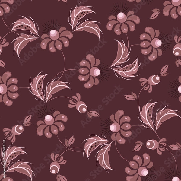 Fototapeta Floral background in ethnic painting style. Elegant vector hand drawn texture with flowers, leaves, buds. Modern folk ornamental, dark background. Suitable for wallpaper, packaging, fabric, textiles