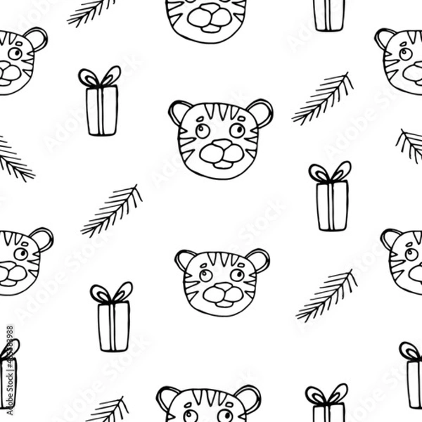 Obraz Tiger graphics drawn hand vector illustration seamless pattern 