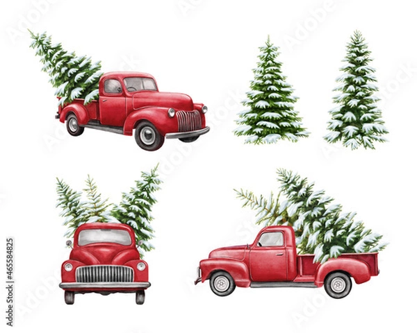 Obraz Christmas red vintage pick up with christmas tree and gifts. Hand painted watercolor illustration isilated on white background