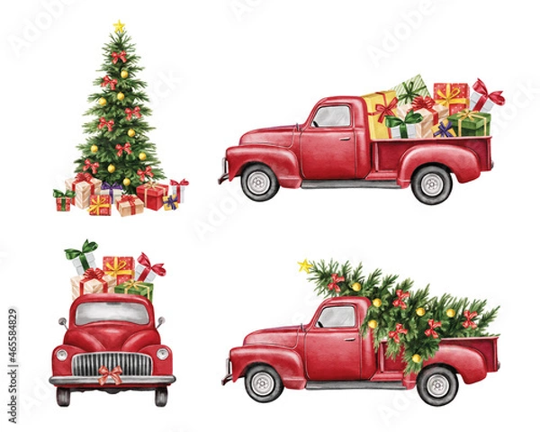 Obraz Christmas red vintage pick up with christmas tree and gifts. Hand painted watercolor illustration isilated on white background
