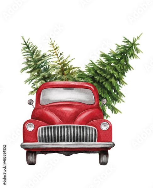 Obraz Christmas red vintage pick up with christmas tree and gifts. Hand painted watercolor illustration isilated on white background