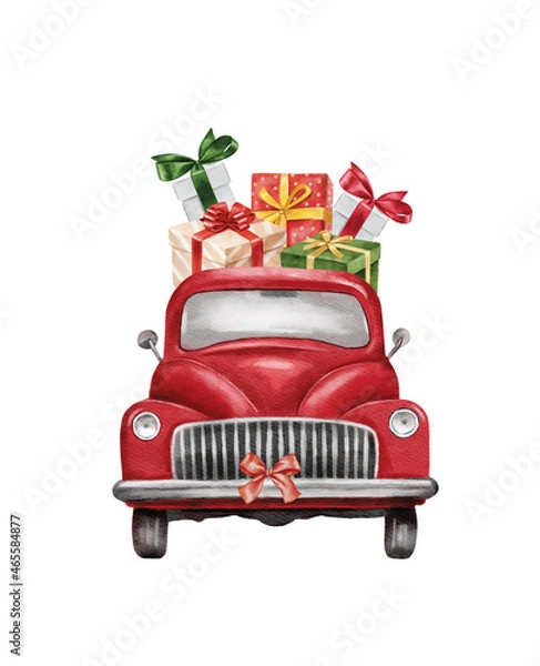 Obraz Christmas red vintage pick up with christmas tree and gifts. Hand painted watercolor illustration isilated on white background