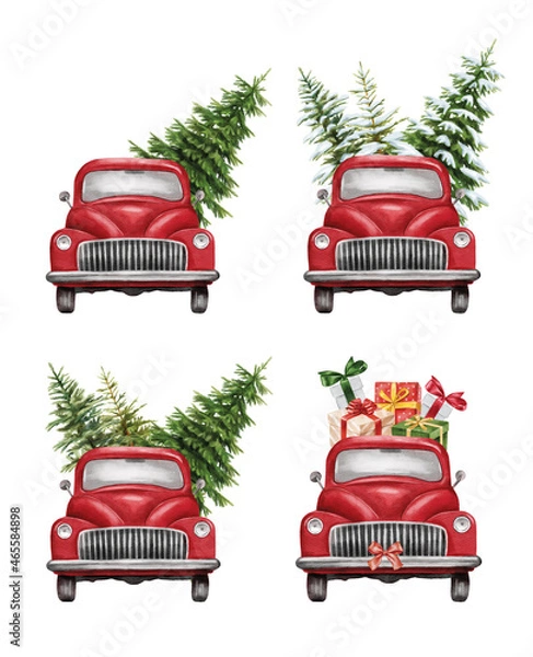 Obraz Christmas red vintage pick up with christmas tree and gifts. Hand painted watercolor illustration isilated on white background
