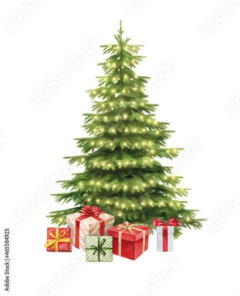 Fototapeta Watercolor christmas tree, Decorative Christmas ornament, art illustration painted with watercolors isolated on white background