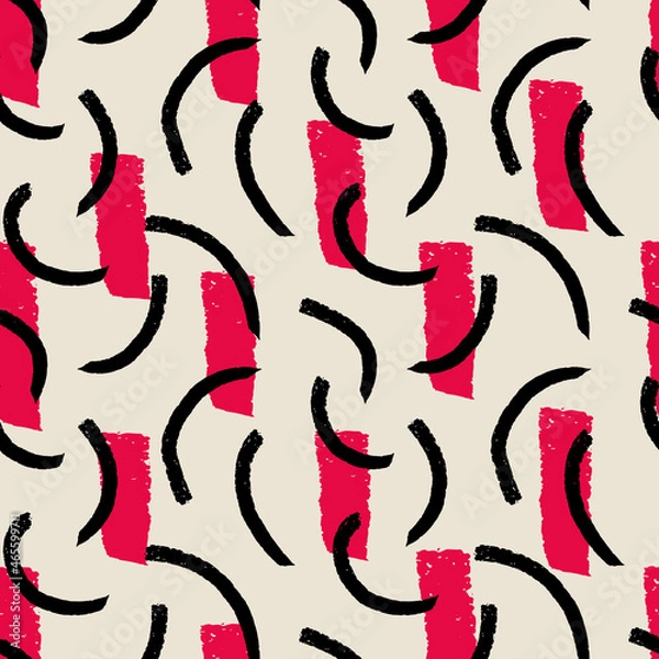 Fototapeta Vector drawn black red lines ecru seamless pattern