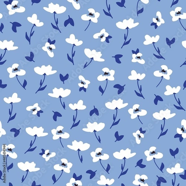 Fototapeta Seamless floral pattern. Fashionable background of wonderful white flowers and dark blue leaves. flowers scattered on a light blue background. Stock vector for printing on surfaces and web design.