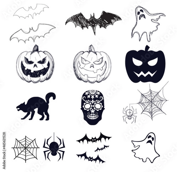 Obraz Halloween design elements, pumpkin, bat, jack o lantern, spider, ghost, hand drawn