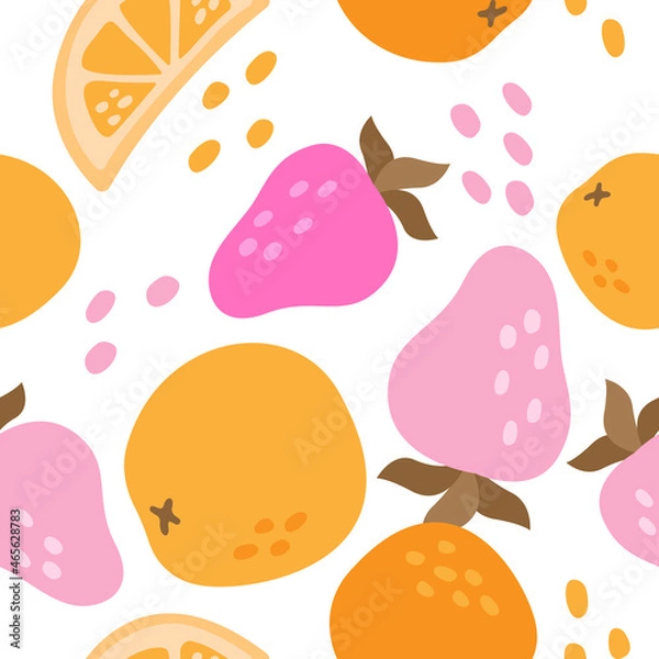 Obraz Vector decorative seamless pattern of different fruits. Strawberries and oranges background. Textile pattern. Food background.