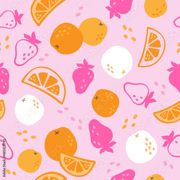 Obraz Vector decorative seamless pattern of different fruits. Strawberries and oranges background. Textile pattern. Food background.