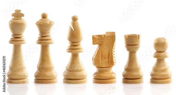 Fototapeta White chess, standing in a row, isolated on white background. Close-up.