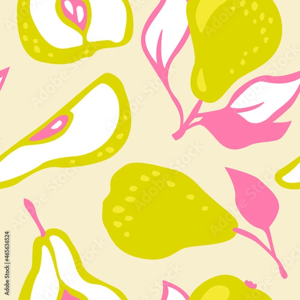Obraz Pear background. Hand drawn vector pattern of decorative pears. Pattern with fruits. For fabric, textile, and wallpaper design.