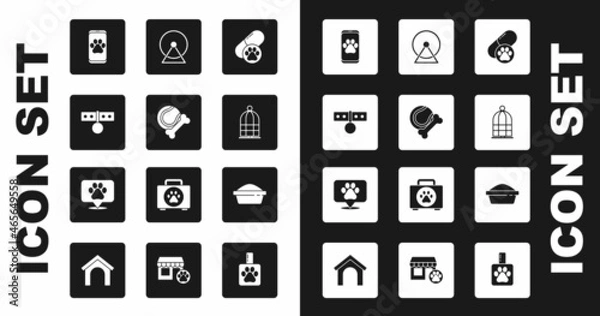 Fototapeta Set Dog pill, Pet toys bone rubber and ball, Collar with name tag, Veterinary clinic, Cage for birds, Hamster wheel, food bowl and Location veterinary icon. Vector