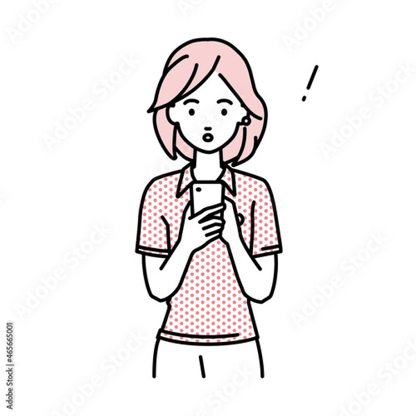 Fototapeta 立ってスマートフォンを操作して何かに気づいて驚いたポロシャツの女性