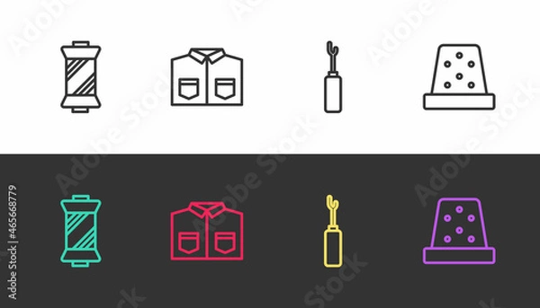 Fototapeta Set line Sewing thread on spool, Shirt, Awl tool and Thimble for sewing on black and white. Vector