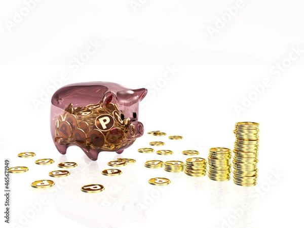 Fototapeta 透明な豚の貯金箱とコインのグラフ　ポイント
