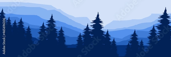 Fototapeta morning forest mountain landscape vector flat design illustration good for wallpaper, background, design template, backdrop template, and tourism design template