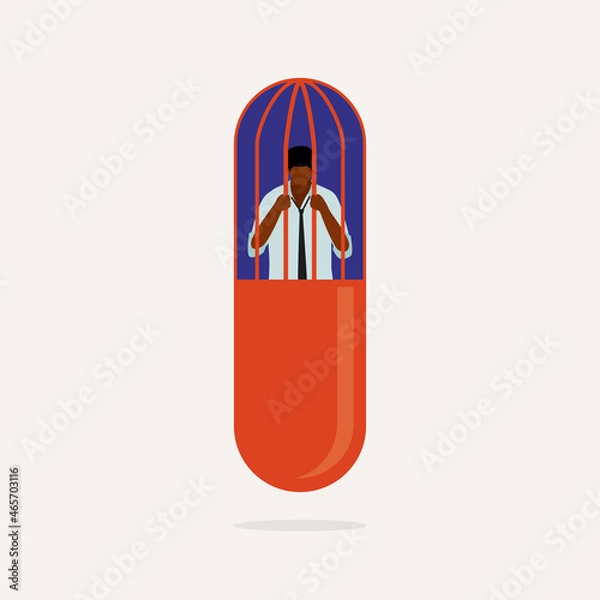 Obraz Drug Addiction Concept. Drug Addict Black Man Trapped Inside A Prisoner Cage That Shaped Like A Pill Capsule.