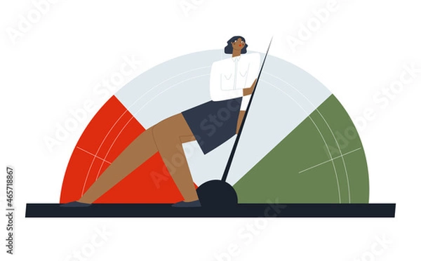 Obraz Businesswoman moves the speedometer needle into the green zone. The man is exerting maximum effort. Vector isolated illustration.
