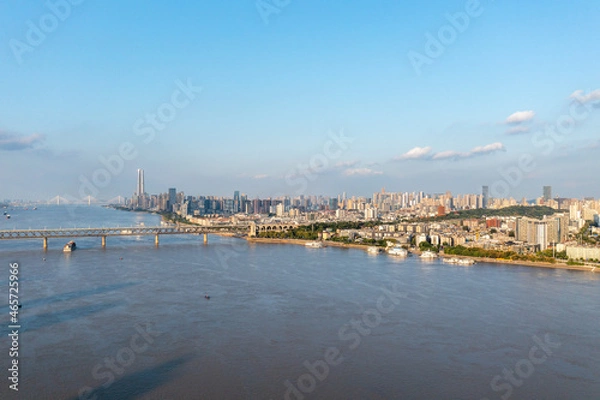 Fototapeta Wuhan skyline and Yangtze river with supertall skyscraper under construction in Wuhan Hubei China.	