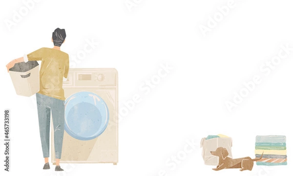 Obraz 洗濯機を回す男性の手描き水彩風イラスト