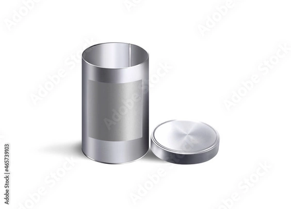 Fototapeta Metallic tin cylindrical container mock up isolated on a white background. Design Template For Packaging Baby Powder Milk, Tea, Coffee, Cereal etc., Front View.3d rendering.