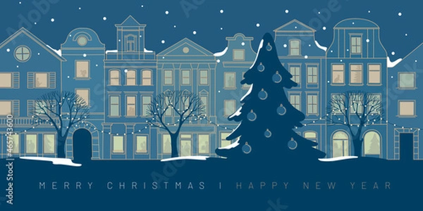 Obraz Merry christmas and happy new year greeting card. Festive winter street. Europe street.