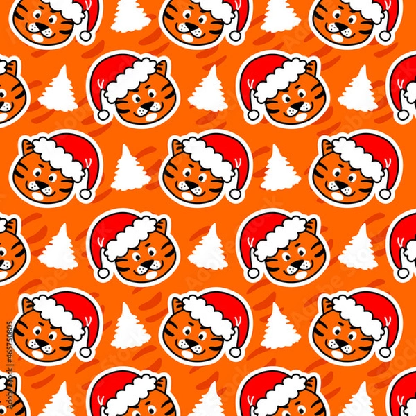 Fototapeta Tiger and Christmas trees. Christmas festive pattern on an orange background. Flat vector illustration.