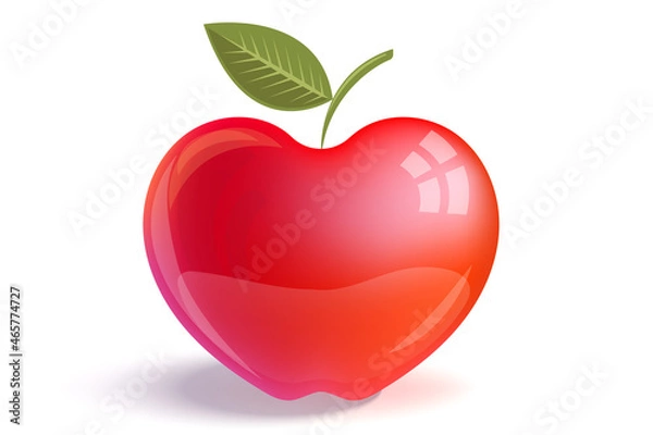 Fototapeta Apple illustration. Red shining glossy apple with reflections. Red apple with green leaf illustration