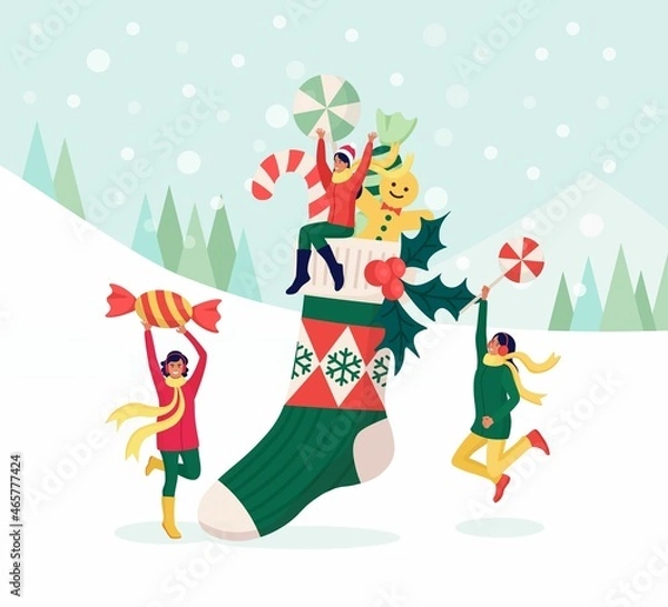 Fototapeta Happy Women Celebrating Christmas Party. Female Characters Puts Gifts, Sweets in Big Red Sock. Preparation for Winter Holidays. Xmas Eve. Merry Christmas and New Year. Vector illustration