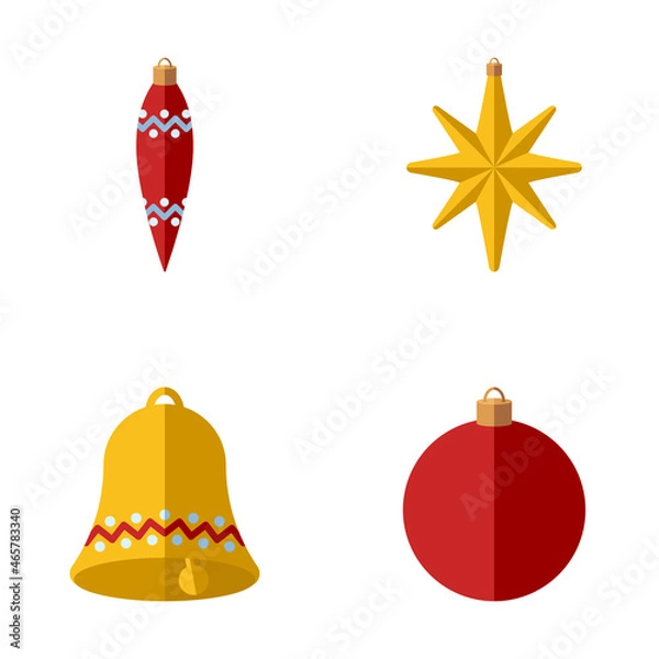 Fototapeta Christmas Decorations Set. Collection of Toys for Christmas Tree. Flat Style. Traditional Winter elements for logo, sticker, print, emblem, label, badge, greeting and invitation card design