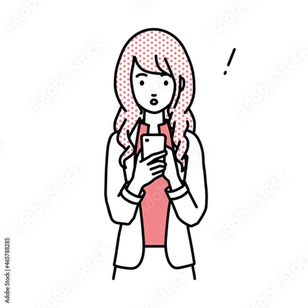 Fototapeta 立ってスマートフォンを操作して何かに気づいて驚いたジャケットの女性