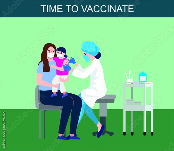 Fototapeta Children vaccination concept for immunity health. Doctor pediatrician makes an injection of flu vaccine to a kid in hospital. prevention and immunize.
