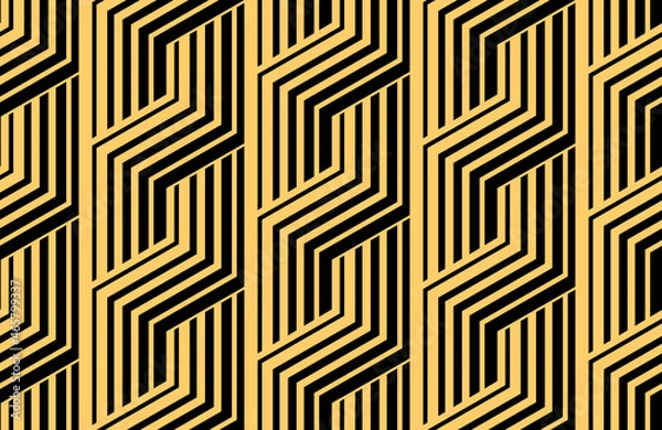 Fototapeta Abstract geometric pattern with stripes, lines. Seamless vector background. Gold and black ornament. Simple lattice graphic design