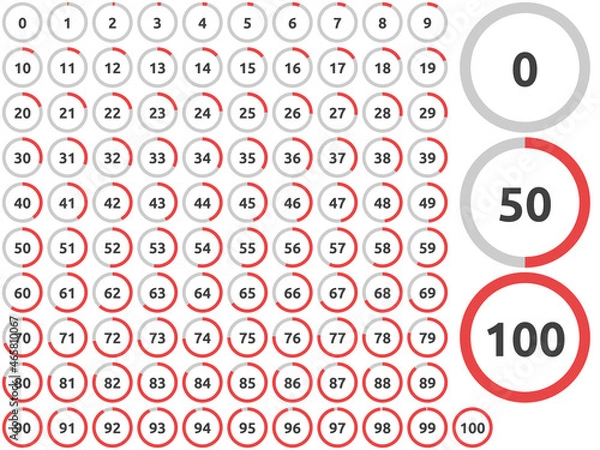 Obraz Progress bar set. Red and gray round ring or donut chart. User interface element, indicator, infographic or animation. Flat design. Vector illustration. EPS 8, no gradients, no transparency